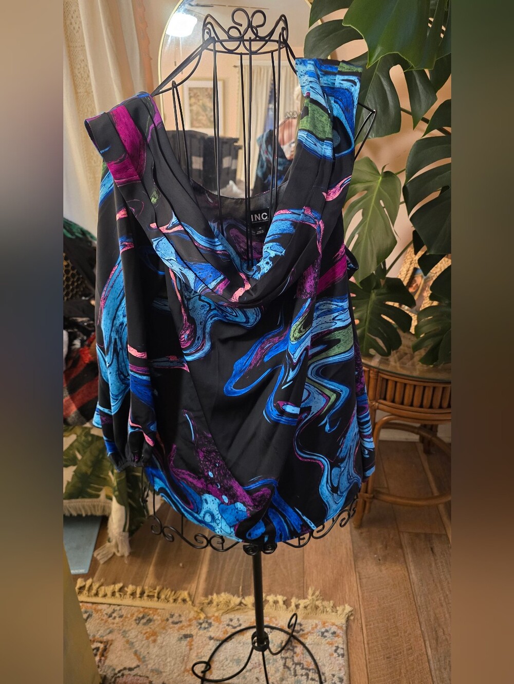 NWT INC International Concepts Meara Marble Cowl Neck Cold Shoulder Top XL